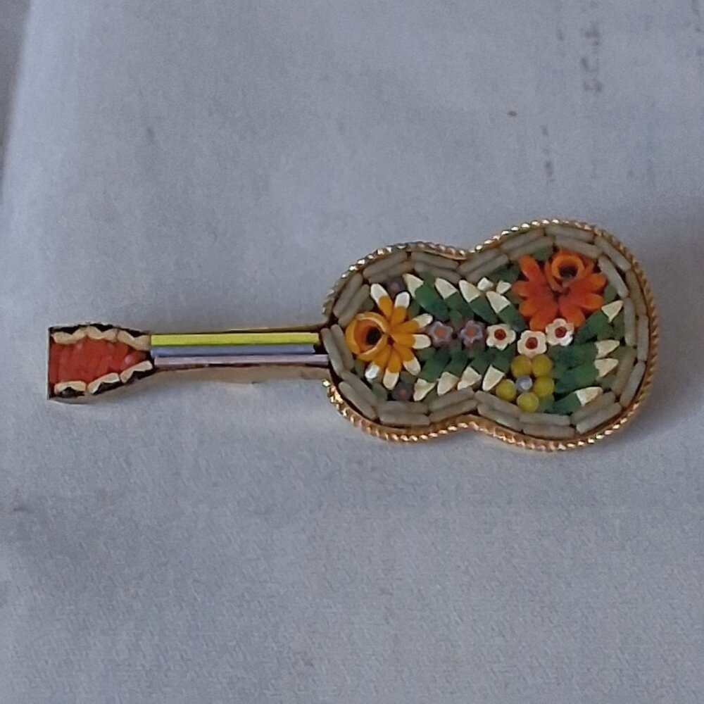 Vintage Italian Micro Mosaic Colorful Gold Tone Guitar Brooch Pin